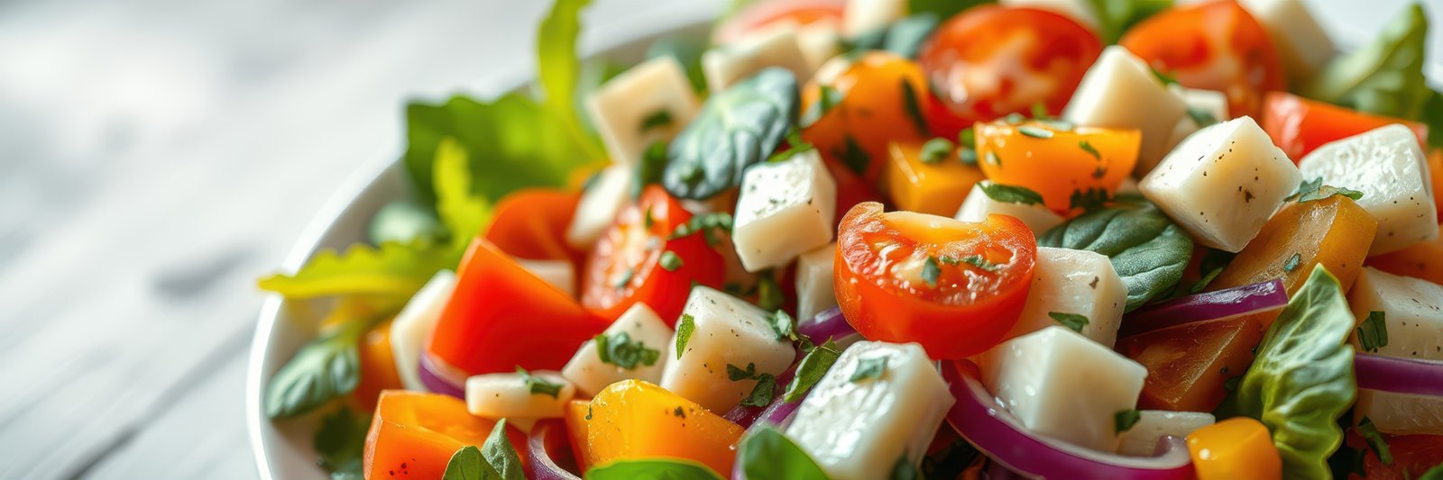 Fresh vegetable salad with vibrant colors served in a bowl at a rustic dining table